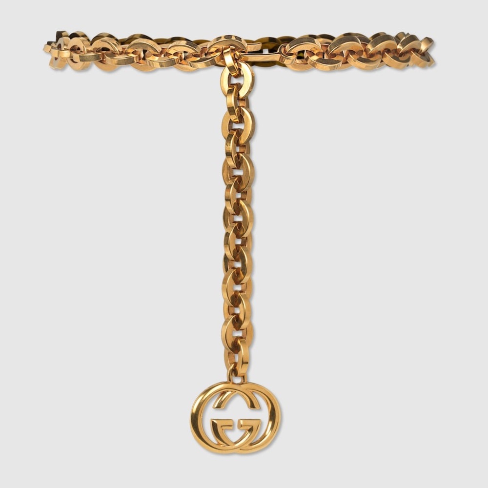Chain belt with interlocking G charm, Metal gold tone, Adjustable clasp closure.